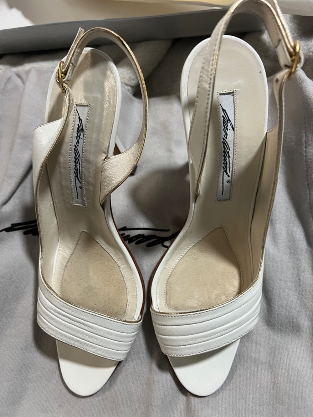 Brian Atwood White Leather Slingback Heels with Gold Buckle